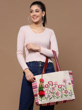 Kooky Boho Floral Embroidered Handloom Cotton Jacquard Tote Bag