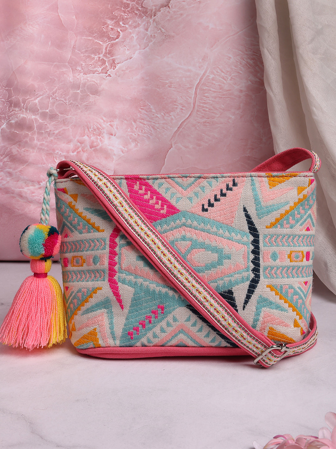Boho Ethnic Jacquard Cotton Sling Bag Pink - Main Image