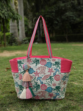 Anekaant Beaded Muse Off White & Pink Marine Embroidered Jacquard Tote Bag