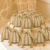 Dangle Striped Embellished Wedding Favor Potli Set of 10 | Designer Haldi Function Gift Bags