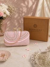 Adorn Baby Pink & White Embellished Faux Silk Clutch