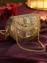 Jharokha Yellow & Emerald Green Kundan Embellished Metal Clutch