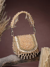 Anekaant Crystal Cascade Champagne Gold Suede Embellished Clutch