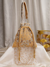 Dewdrop Fringe Beige & Multi Floral Embellished Suede Potli