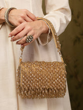 Crystal Cascade Beige & Gold Crystal Fringe Embellished Suede Clutch