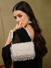 Crystal Cascade White & Silver Crystal Fringe Embellished Suede Clutch