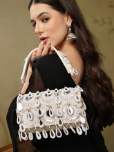Tipify Ivory White & Gold Teardrop Mirror Embellished Suede Clutch