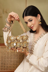 Tipify Antique Gold Teardrop Mirror Embellished Suede Clutch
