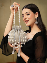 Dewdrop Fringe Silver & Ivory Embellished Faux Silk Potli