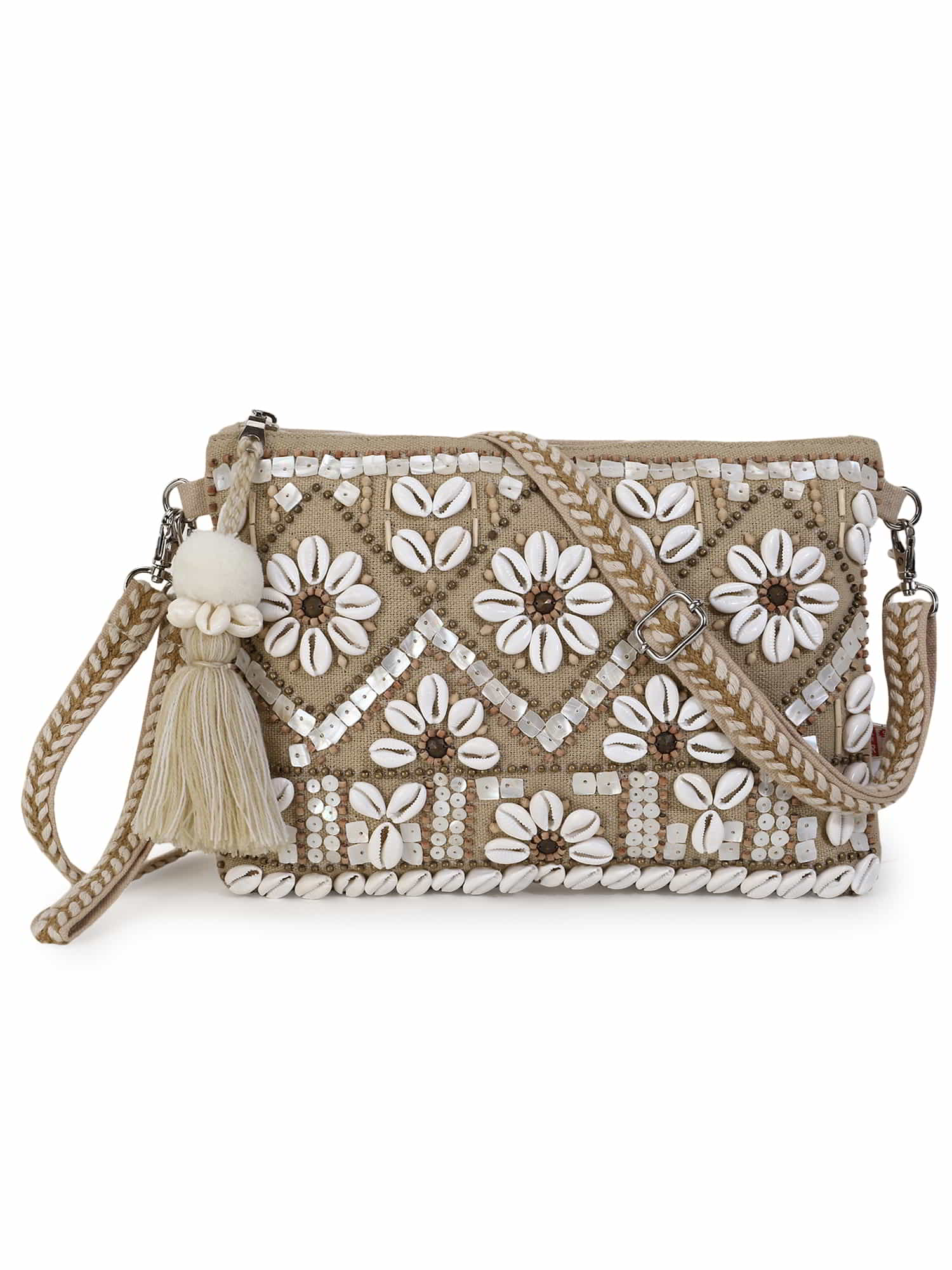 Boho Cotton Jute Canvas Boho Embellished Sling Bag Beige White