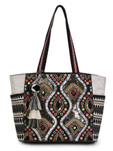 Boho Acrylic Jacquard & Cotton Canvas Trellis Embellished Tote Bag