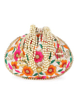 Dangle Floral Embroidered Faux Silk Potli