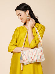 Glid Striped Sequined Cotton Handloom & Leatherette Sling Bag