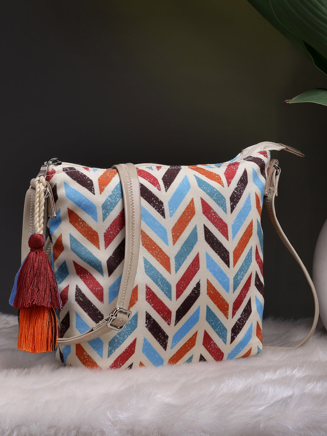 Polyester & Leatherette Digital Print Floral Sling Bag