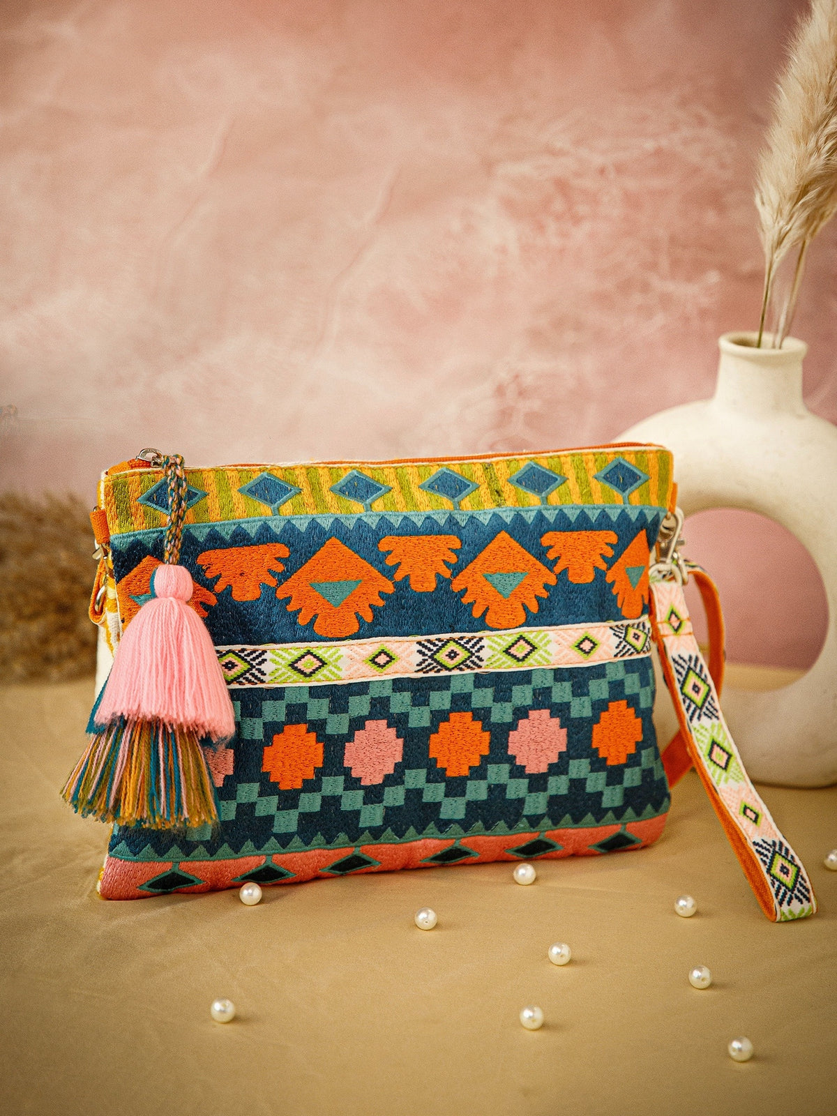 Tribal Acrylic Jacquard Ethnic Motifs Embroidered Sling Bag