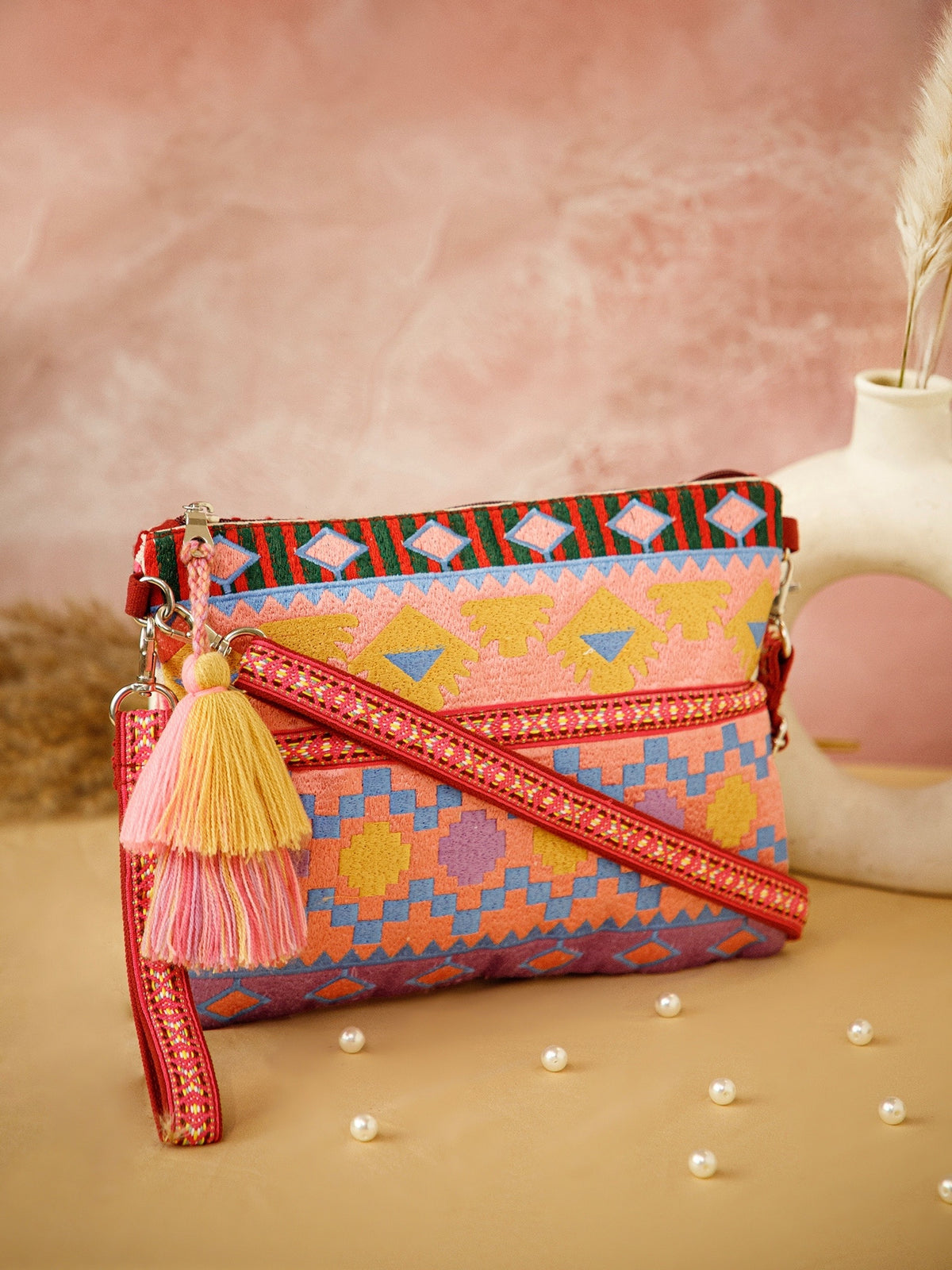 Tribal Acrylic Jacquard Ethnic Motifs Embroidered Sling Bag