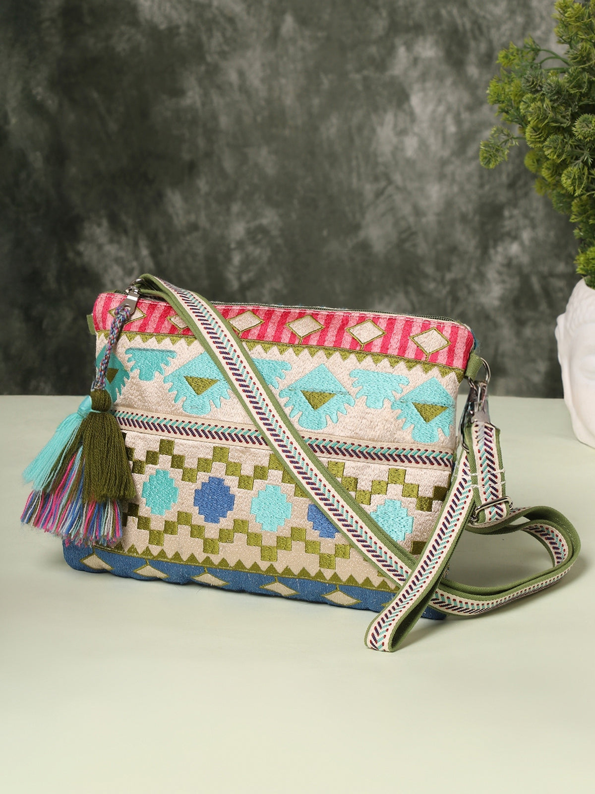 Tribal Acrylic Jacquard Ethnic Motifs Embroidered Sling Bag