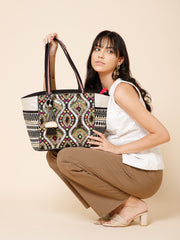 Boho Acrylic Jacquard & Cotton Canvas Trellis Embellished Tote Bag
