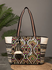 Boho Acrylic Jacquard & Cotton Canvas Trellis Embellished Tote Bag