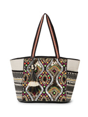 Boho Acrylic Jacquard & Cotton Canvas Trellis Embellished Tote Bag