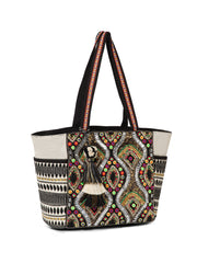 Boho Acrylic Jacquard & Cotton Canvas Trellis Embellished Tote Bag