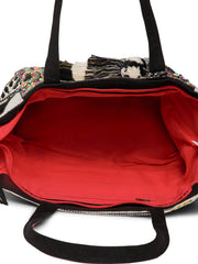 Boho Acrylic Jacquard & Cotton Canvas Trellis Embellished Tote Bag