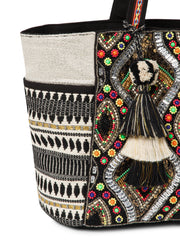 Boho Acrylic Jacquard & Cotton Canvas Trellis Embellished Tote Bag