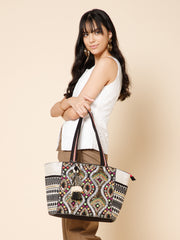 Boho Acrylic Jacquard & Cotton Canvas Trellis Embellished Tote Bag