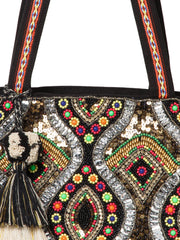 Boho Acrylic Jacquard & Cotton Canvas Trellis Embellished Tote Bag