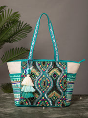Boho Acrylic Jacquard Trellis Embellished Tote Bag