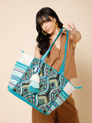 Boho Acrylic Jacquard Trellis Embellished Tote Bag