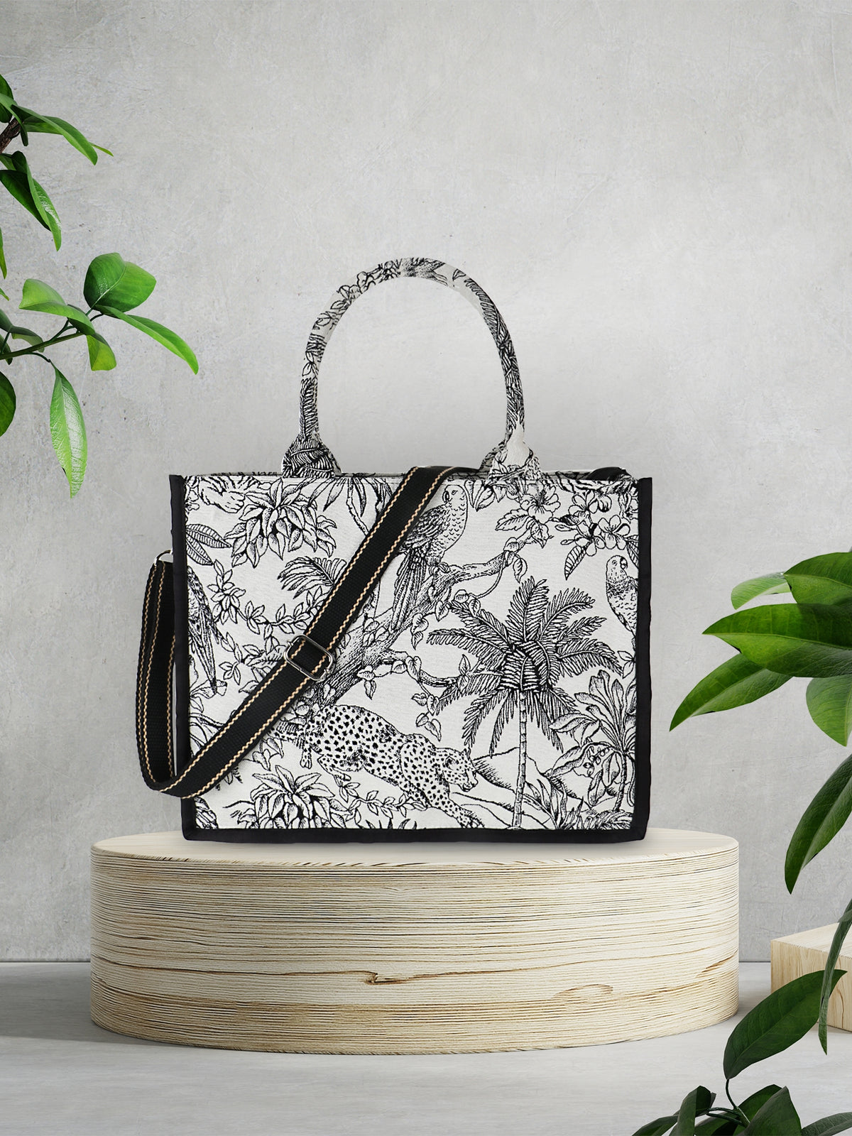 Jungle Jacquard Cotton Canvas Animal & Floral Self Design Handheld Bag