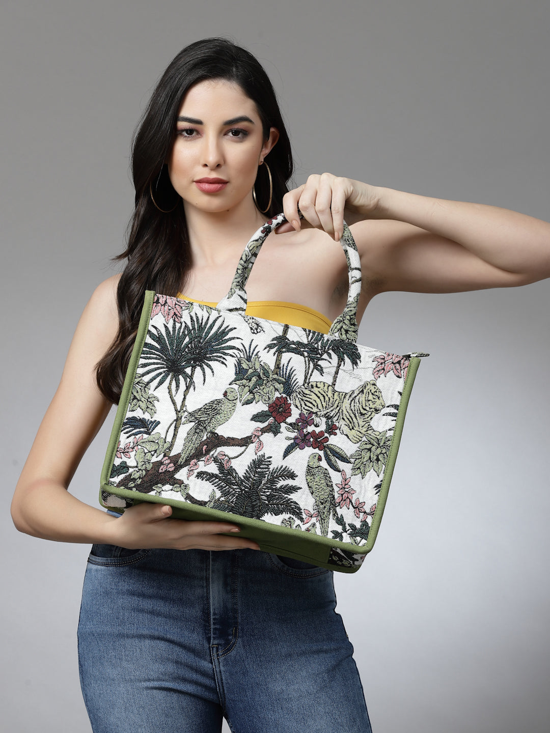Jungle Jacquard Cotton Canvas Animal & Floral Self Design Handheld Bag