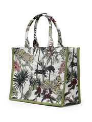 Jungle Jacquard Cotton Canvas Animal & Floral Self Design Handheld Bag