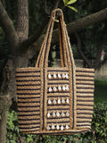 Sisal Striped & Embellished Jute Tote Bag