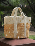 Sisal Colourblocked & Embellished Jute Handheld Bag