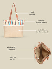 Anekaant Folk Khaki & Multi Striped Jute Tote Bag