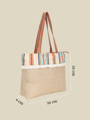 Anekaant Folk Khaki & Multi Striped Jute Tote Bag