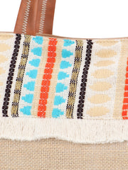 Anekaant Folk Khaki & Multi Striped Jute Tote Bag