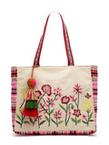 Kooky Boho Floral Embroidered Handloom Cotton Jacquard Tote Bag