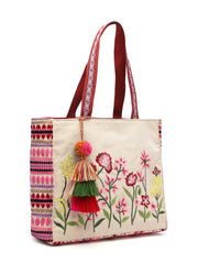 Kooky Boho Floral Embroidered Handloom Cotton Jacquard Tote Bag
