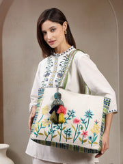 Kooky Jacquard Boho Floral Embroidered Tote Bag