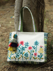 Kooky Jacquard Boho Floral Embroidered Tote Bag