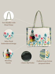 Kooky Jacquard Boho Floral Embroidered Tote Bag