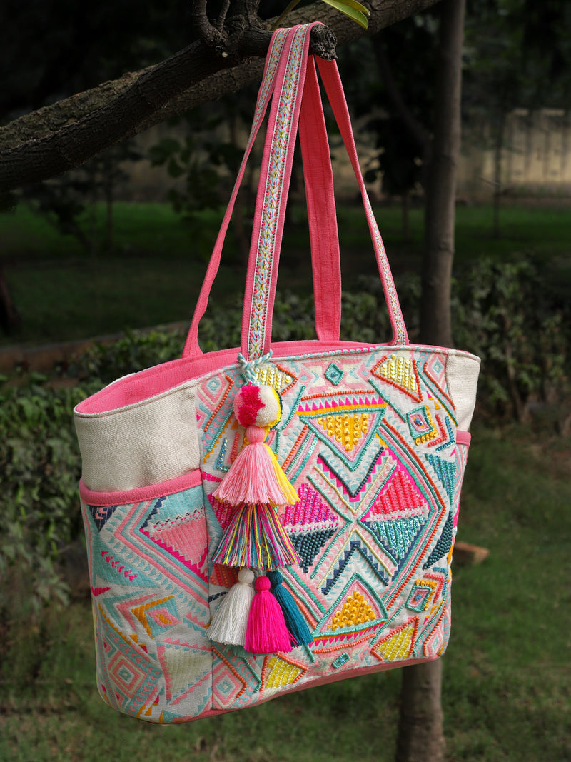 Kooky Boho Geometric Embellished Handloom Cotton Jacquard Tote Bag
 - Natural & Multi