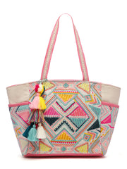 Kooky Boho Geometric Embellished Handloom Cotton Jacquard Tote Bag