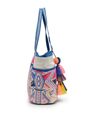 Anekaant Kooky Off White Geometric Jacquard Embellished Tote Bag