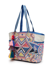 Anekaant Kooky Off White Geometric Jacquard Embellished Tote Bag