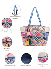 Anekaant Kooky Off White Geometric Jacquard Embellished Tote Bag