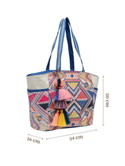 Anekaant Kooky Off White Geometric Jacquard Embellished Tote Bag